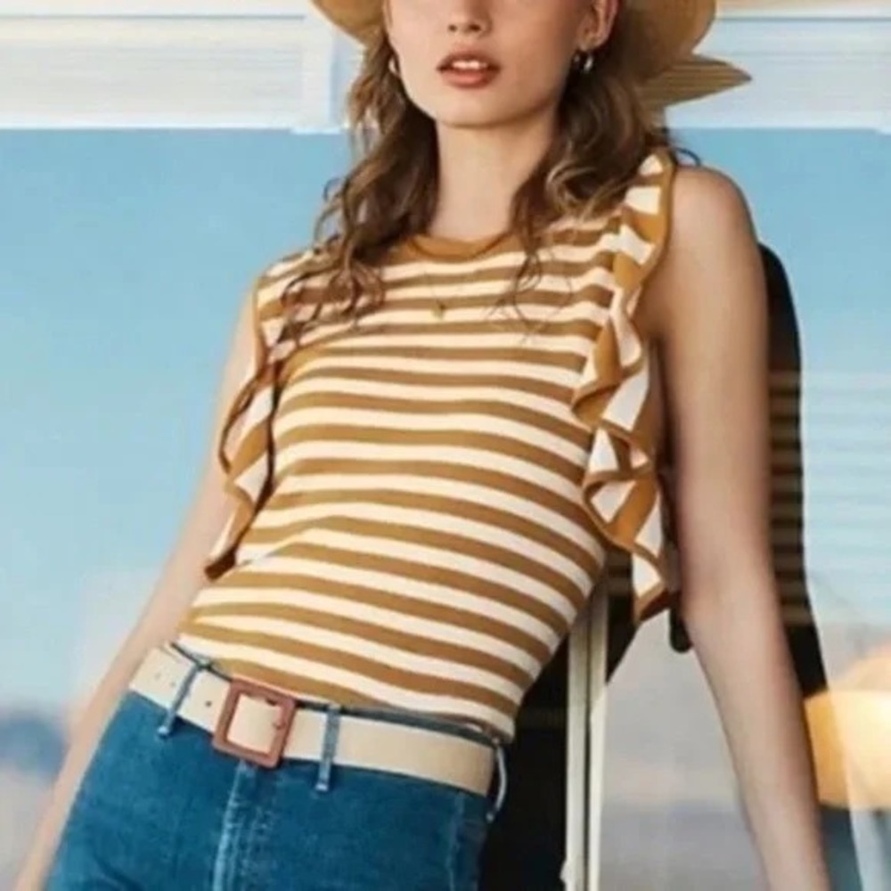 Anthropologie Jillian Flutter Sleeve Knit Top Yellow Mustard Striped Size XL NEW